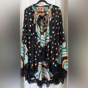 Free People Poncho Cape Handcrafted Hi Lo Crochet TieNeck Black Size S NWT-